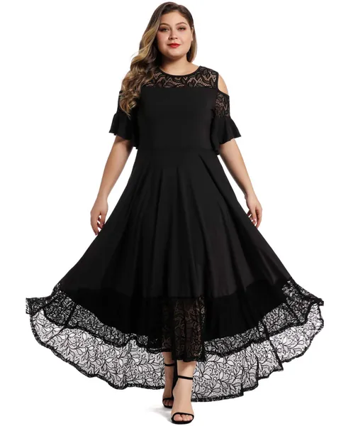 LALAGEN Womens Plus Size Lace Cold Shoulder Long Swing Evening Party Maxi Dress - 3X-Large Black