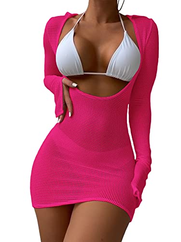 SheIn Women's Crochet Hollow Out Cover Up Dress Long Sleeve Swimsuit Split Collar Beach Coverups - Small - pink