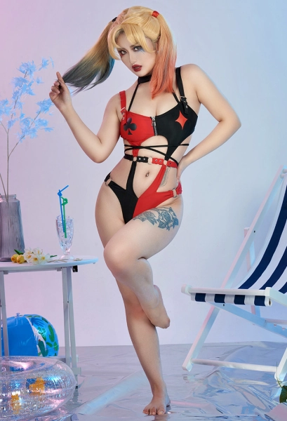 Miccostumes Gothic One-Piece Swimsuit for Women Black Red Sexy Halter Cutout Swimwear Buckle Waist Hollow Bathing Suit