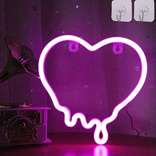ENUOLI LED Heart Neon Signs Dripping Heart Night Light Pink LED Neon Lights for Bedroom Melting Heart Neon Light Sign for Wall Decor USB/Battery Powered Neon Heart for Birthday Party Bar Gift - dripping pink heart
