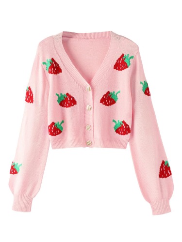 Women's Strawberry Print Long Sleeve Button Down Cropped Cardigan Sweater