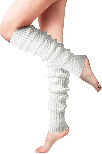 Clothirily Leg Warmers - Fashion Knit Neon Leg Warmers for Women 80s Sports Party Yoga Accessories - White