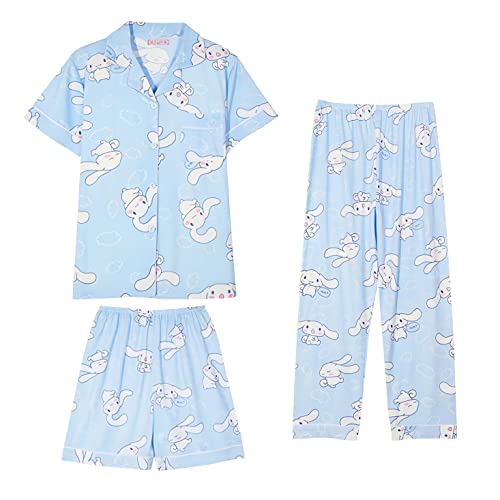 Zmioviq Women's Pajamas 3 Piece Sets, Cute Cartoon Print Sleepwear Short Sleeve Shirt with Casual Long Pants and Short - Medium - Blue-1