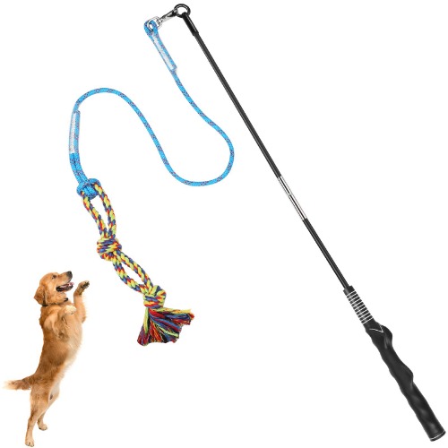 DIBBATU Dog Flirt Pole Toy, Interactive Teaser Wand for Dogs Tug of War and Outdoor Exercise, Tether Lure Toy with Chewing Rope to Chasing and Training for Small Dogs - flert pole rope