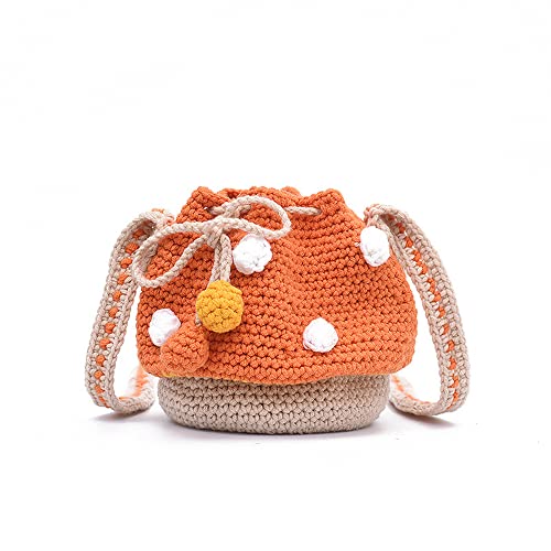 XIAYUPAGU Handmade Knitted Purse Wool Knitted Mushroom Shoulder Bag for Women Crossbody Bucket Bag with Drawstring - Orange