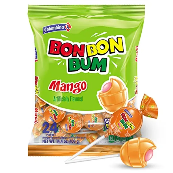 Colombina Bon Bon Bum Lollipops w/Bubble Gum Center, Mango Flavor, Individually Wrapped, Ideal for Party Favors and Gifts, 1 Pack (24 Count)