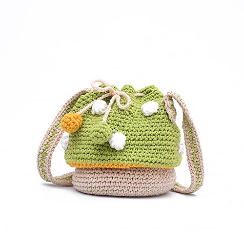 XIAYUPAGU Handmade Knitted Purse Wool Knitted Mushroom Shoulder Bag for Women Crossbody Bucket Bag with Drawstring - Green