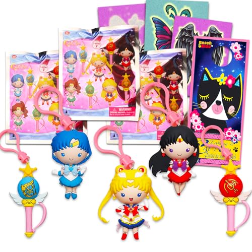 Screen Legends Sailor Moon Blind Bags Party Favors 3 Pack - Bundle with 3 Sailor Moon Keychain Mystery Figures Plus Tattoos, More | Sailor Moon Bag Clips for Kids