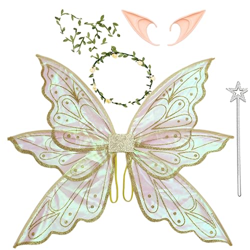 Fairy Wings for Adults Dress Up Sparkling Sheer Wings Butterfly Halloween Fairy Costume Angel Wings for Women Girls - Medium Gold