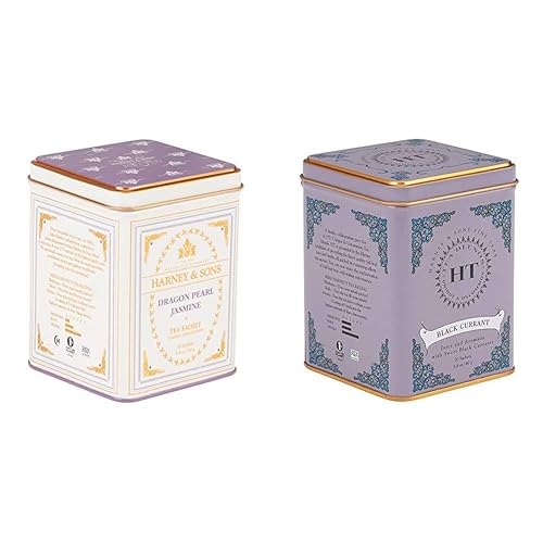 Harney & Sons Dragon Pearl Jasmine Tea (Pack of 1) and Harney & Sons Caffeinated Black Currant Tea Tin Sachets (20 Count) - Tea + Caffeinated Black Currant Black Tea - Dragon Pearl Jasmine - 20 Count (Pack of 1)