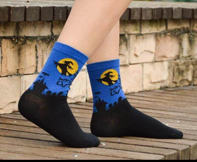 Blue Witch Flying by the Moon Socks