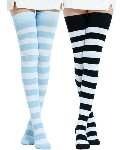 Kayhoma Extra Long Cotton Stripe Thigh High Socks Over the Knee High Socks - Black/White & Blue/White