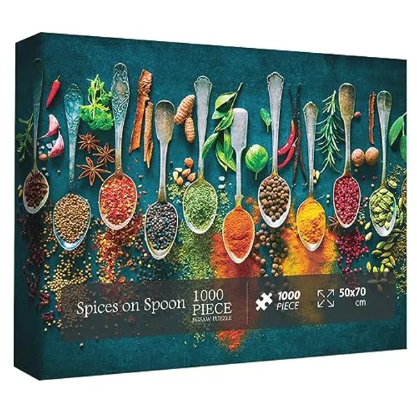 Spices on Spoon Puzzles for Adults 1000 Pieces, Vintage Spoon Jigsaw Puzzles, Funny All Sorts of World Spices Adult Puzzles Collage Puzzles
