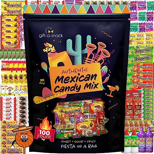 Mexican Candy Variety Pack Mix (100 Count) Dulces Mexicanos Surtidos, Bulk Assortment Spicy Sweet Sour Mexicano Candies, Hispanic Snack Food Gift Box Rockaleta Lollipop Luca Pelon Pulparindo - 100 Count
