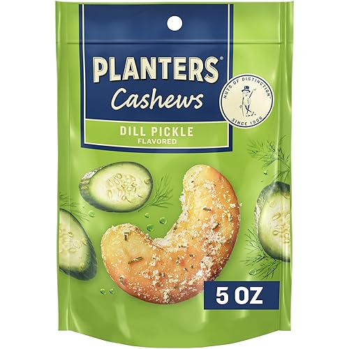 PLANTERS Dill Pickle Cashews, Whole Cashews, Individual Packs, Party Snacks, Plant-Based Protein, Quick Snack for Adults, After School Snack, Flavored Cashew, Roasted with Sea Salt, Kosher, 5oz Bag - Dill Pickle - 5 Ounce (Pack of 1)
