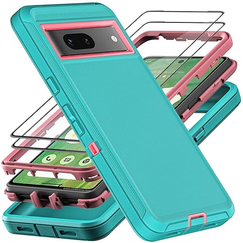 YKHJKLEC for Google Pixel 7 Case, Military Grade 3 in 1 Heavy Duty Shockproof/Drop Proof/Dust Proof Case with 2Pcs Tempered Glass Screen Protector (Aqua Blue/Pink) - Aqua Blue/Pink