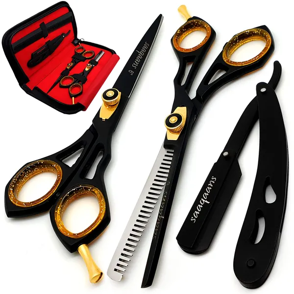 Saaqaans Professional Barber Shears Kit Tools - Hair Cutting Scissors Set for Hairdresser/Hair Salon + Thinning/Texture Hairdressing Haircut Shear for Beautician + Straight Razor + 10 Blades with Case - 