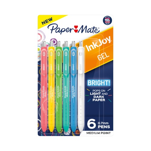 Paper Mate Inkjoy Gel Bright! Pens, Medium Point (0.7mm), Retractable, Assorted Opaque Ink, 6 Count