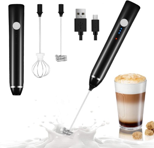 Milk Frother, Dallfoll Handheld Coffee Frother Electric Whisk,3 Gear Adjustable USB Rechargeable Drink Mixer Milk Foamer with 2 Stainless Steel Whisks for Bulletproof Coffee, Keto, Frappe, Latte, Cappuccino, Hot Chocolate (Black)