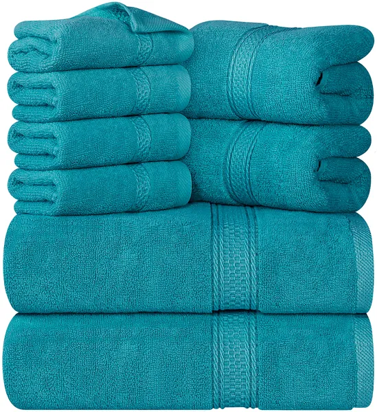 Utopia Towels Teal Towel Set, 2 Bath Towels, 2 Hand Towels, and 4 Washcloths, 600 GSM Ring Spun Cotton Highly Absorbent Towels for Bathroom, Shower Towel, (Pack of 8) - Teal