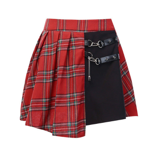 'Red & Black Plaid Cut Out Safety Pin Punk Skirt - Fire Within' - Red / L