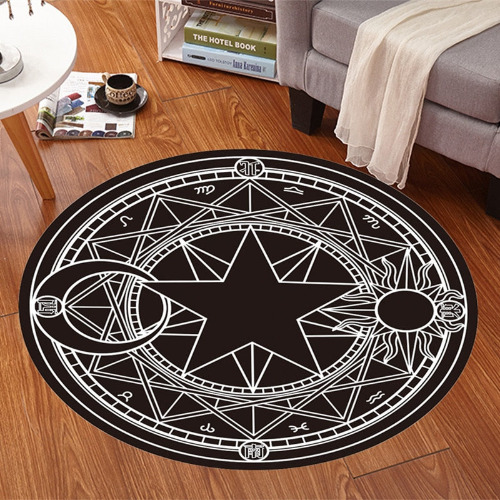 'Black and White Round Rug with Sun, Moon and Star Elements' - Black / round 100cm