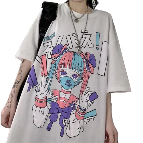 Oversized Japanese Anime T-Shirt Loose Kawaii Tops Plus Size Cute Y2K Tshirt - 4X-Large - White