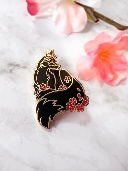 Mini Limited Ed. Black Sakura Fox Enamel Pin Accessory