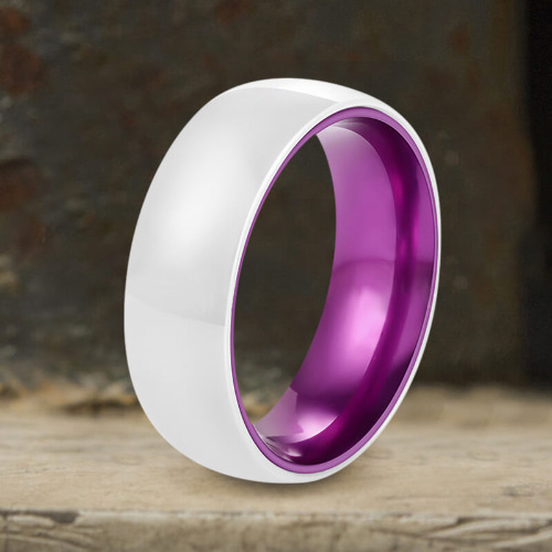 8mm Simple White Ceramic Band Ring - White + Purple / 8.5
