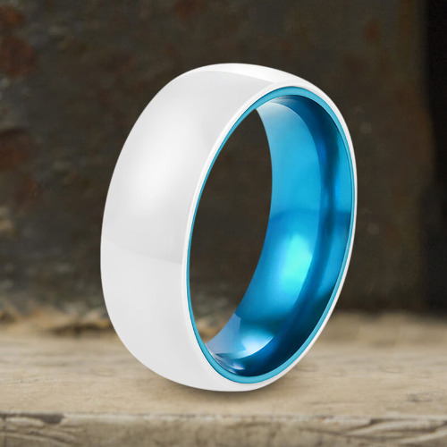 8mm Simple White Ceramic Band Ring - White + Blue / 8.5