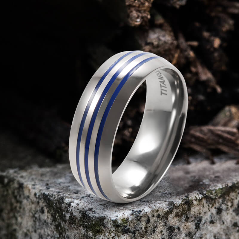 Curved Blue Triple Groove Titanium Ring - Titanium / 8