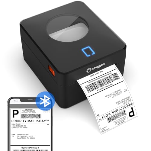 Mvgges Shipping Label Printer, Bluetooth Thermal Label Printer 4x6 for Shipping Packages, Support Windows, Mac, iOS, iPhone, Android, Used for Amazon, Ebay, Shopify, Etsy, UPS, USPS - Matte Black