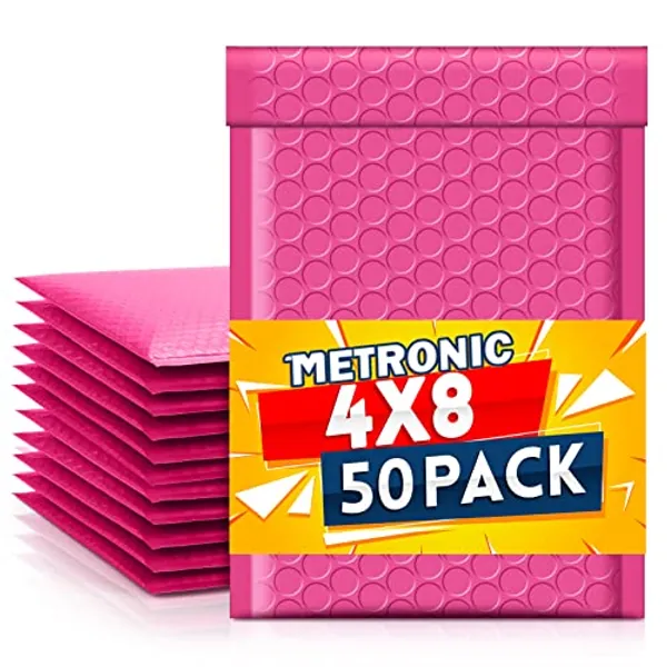 Metronic 4x8 Inch 50Pack Bubble Mailer, Pink Bubble Mailers, Waterproof Padded Envelopes, Self Seal Adhesion Bubble Envelopes, Cushioning Padded Mailers for Jewelry, Bubble Mailers Usable Size 4x7