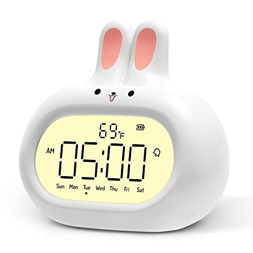 Rabbit Digital Alarm Clock with Day of Week Display, Cute Design Bunny Look, Easy Setting, Snooze, Night Light, Thermometer, Rechargeable, Kawaii Decor for Bedroom, Bedside, Adult, Kid, Gift, White - White