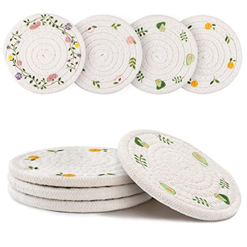 GeeRic 4 Pcs Bar Coasters for Drinks, Handmade Braided Woven Drink Coaster Set, Beermat Beverage Coaster 4.3” Non Slip Coasters, Fruit Printing - Fruit Pattern - 4.3 inch Bar Coasters