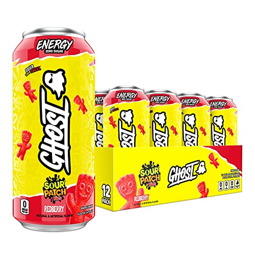 GHOST ENERGY Sugar-Free Energy Drink - 12-Pack, SOUR PATCH KIDS Redberry, 16oz - Energy & Focus & No Artificial Colors - 200mg of Natural Caffeine, L-Carnitine & Taurine - Gluten-Free & Vegan - SOUR PATCH KIDS Redberry