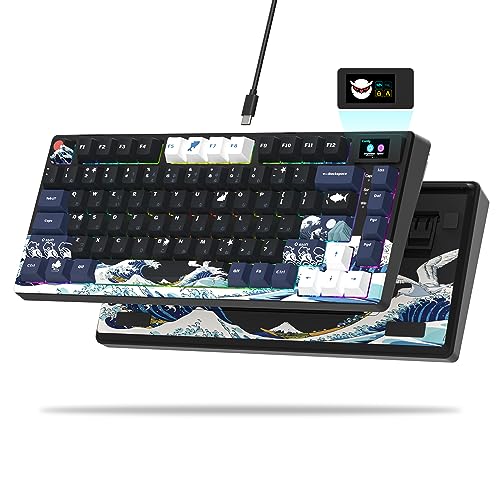 XVX S-K80 75% Keyboard with Color OLED Display Mechanical Gaming Keyboard, Hot Swappable Keyboard, Gasket Mount RGB Custom Keyboard, Pre-lubed Stabilizer for Mac/Win, Black Kanagawa Theme - Black