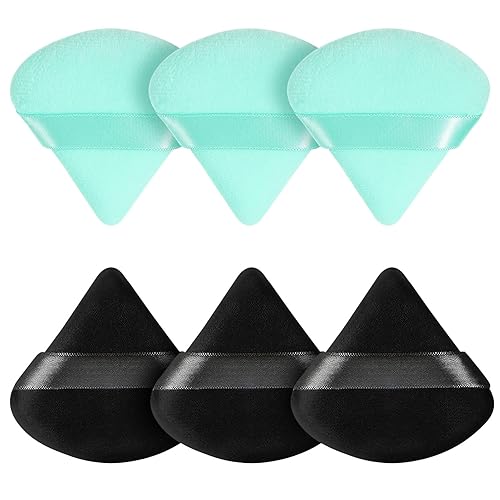 Pimoys 6 Pieces Powder Puff Face Soft Triangle for Loose Powder, Velour Makeup Blender Sponge Set Setting Powder Puff Beauty Makeup Tool, Black and Green - Black and Green