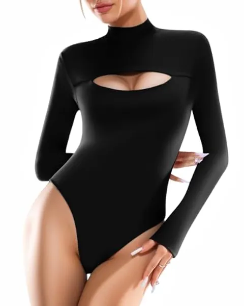 ALGALAROUND Women's Fashion Mock Neck Cutout Basics Long Sleeve Bodysuit - Body Sculpting, Double Lined & Stylish Women Tops