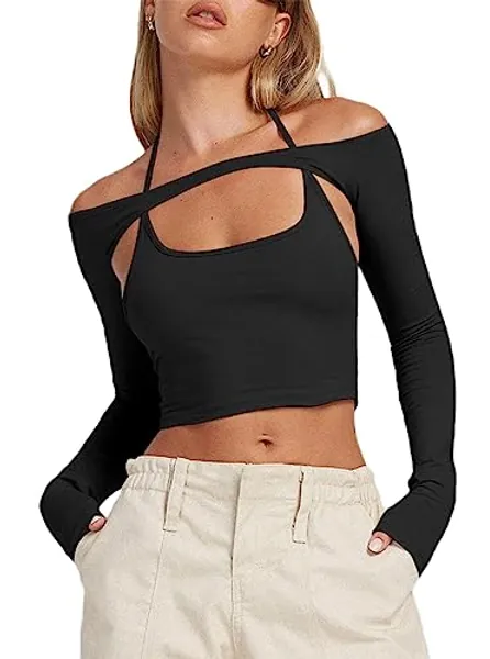 Remidoo Women's Sexy Off The Shoulder Cut Out Halter Long Sleeve Crop Top T Shirt Black Small