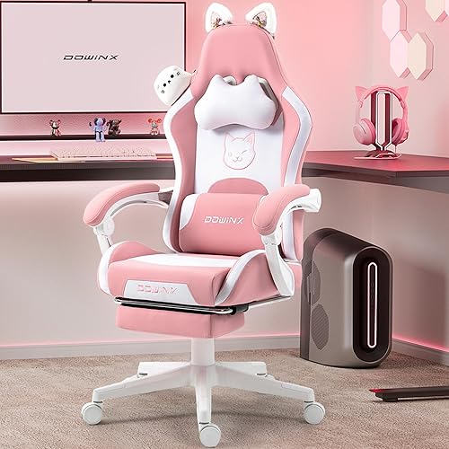 Dowinx Gaming Chair Cute with Cat Ears and Massage Lumbar Support, Ergonomic Computer Chair for Girl with Footrest and Headrest, Comfortable Reclining Game Chair 290lbs for Adult, Teen, Pink - Pink-1