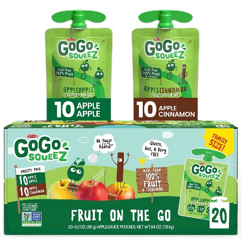 GoGo squeeZ Fruit on the Go Variety Pack, Apple Apple & Apple Cinnamon, 3.2 oz. (20 Pouches) - Tasty Kids Applesauce Snacks - Gluten Free Snacks for Kids - Nut & Dairy Free - Vegan Snacks - Apple Cinnamon