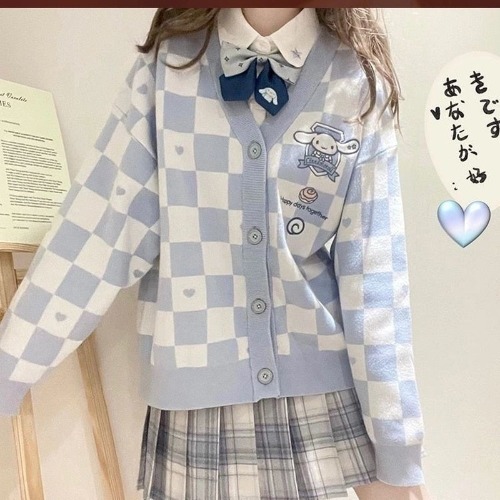 Kawaii Checkered Cardigan - S / Blue