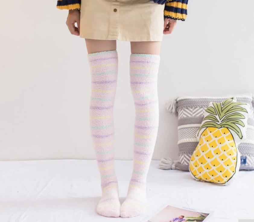 Fuzzy Striped Thigh Highs - Soft Pastels