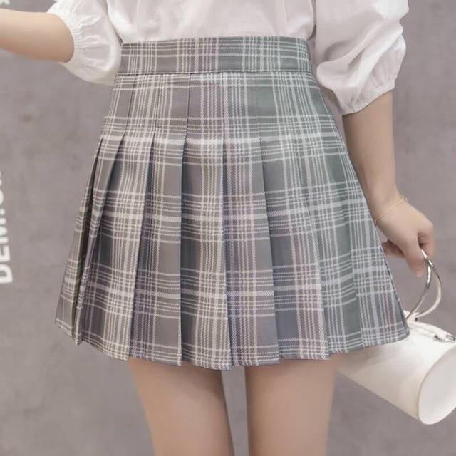 Tartan Plaid School Girl Skirt - Light Grey / M