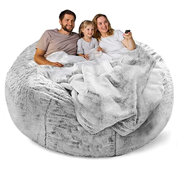 YudouTech Bean Bag Chair Cover(Cover Only,No Filler),Big Round Soft Fluffy PV Velvet Washable Bean Bag Lazy Sofa Bed Cover for Adults,Living Room Bedroom Furniture Outside Cover,6ft Snow Grey.