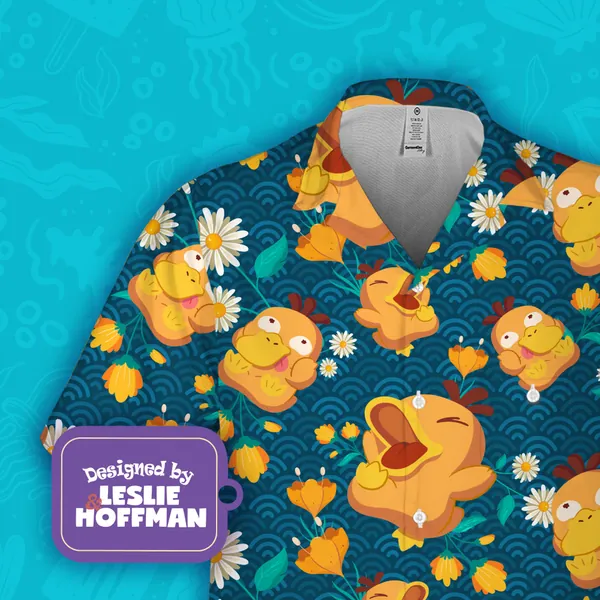 Psyduck Wave Flowers Hawaiian Shirt - Water Pokemon Button Up Shirt
