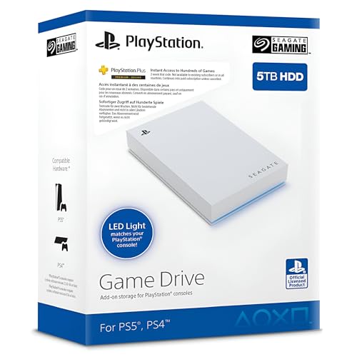 Seagate Game Drive for PS4/PS5, 5 TB, External HDD, USB 3.0, Officially Licensed, Blue LED, incl 2 weeks Playstation+ (STLV5000202) - White LED - 5TB - PS4/PS5