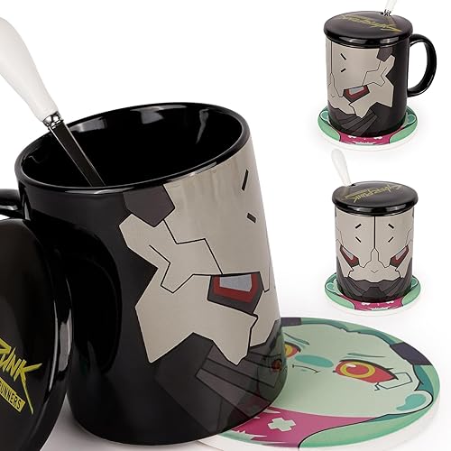 12oz Ceramic Mug Set - 4-piece Coffee Mugs with Lid, Coaster & Spoon - Perfect for Fans of Cyberpunk Aesthetic &Sci-Fi (Black) - Black