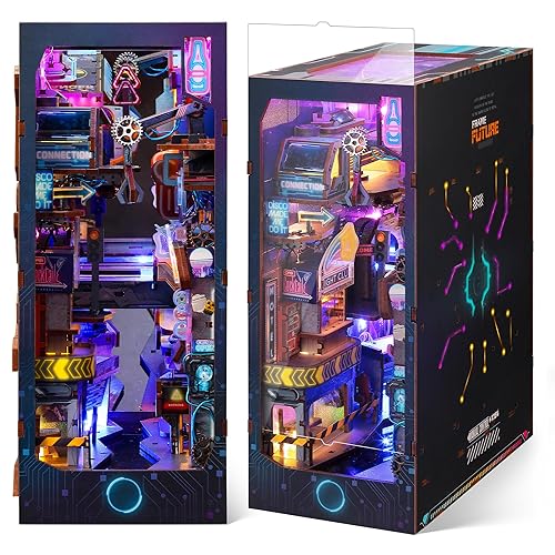 FUNPOLA 3D Wood Puzzle Book Nook Kit, Futuristic Miniature Bookshelf Insert with LED Lights, DIY Cyberpunk Bookend Décor for Display, Unique Craft for Adults and Teens (Endless Dimensions) - Endless Dimensions